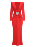 Black Maxi Dresses Women Sexy Deep V Neck Long Sleeves Gowns Runway Party Wear Spring New Fashion Red
