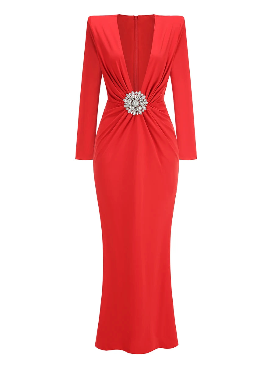 Black Maxi Dresses Women Sexy Deep V Neck Long Sleeves Gowns Runway Party Wear Spring New Fashion Red