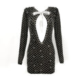 Pearl Sequins Hollow Out Short Dress For Women Sexy Long Sleeve Key Hole Bow Tie Diamond Beige Mini Evening P Diamond Beige Mini Earty Dress black