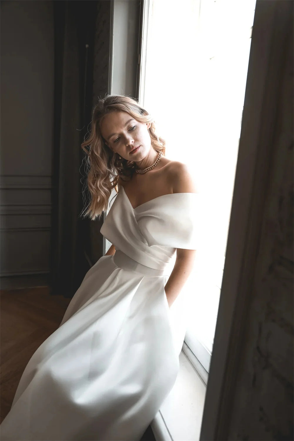 White Satin Prom Dresses Off the Shoulder A-line vestidos de noche Elegant Sleeveless Ankle-Length Formal Evening