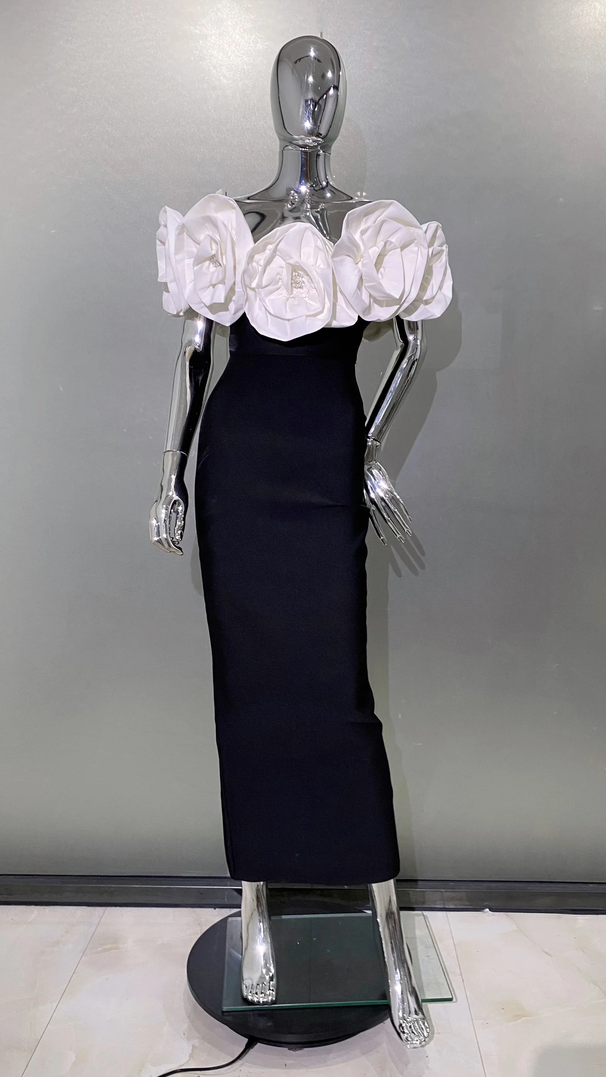 3 Colors Stereoscopic Flowers Sexy Off The Shoulder Ankle Lenght Bandage Dress Woman Birthday Party Vestido Wedding Party Outfit White Flower