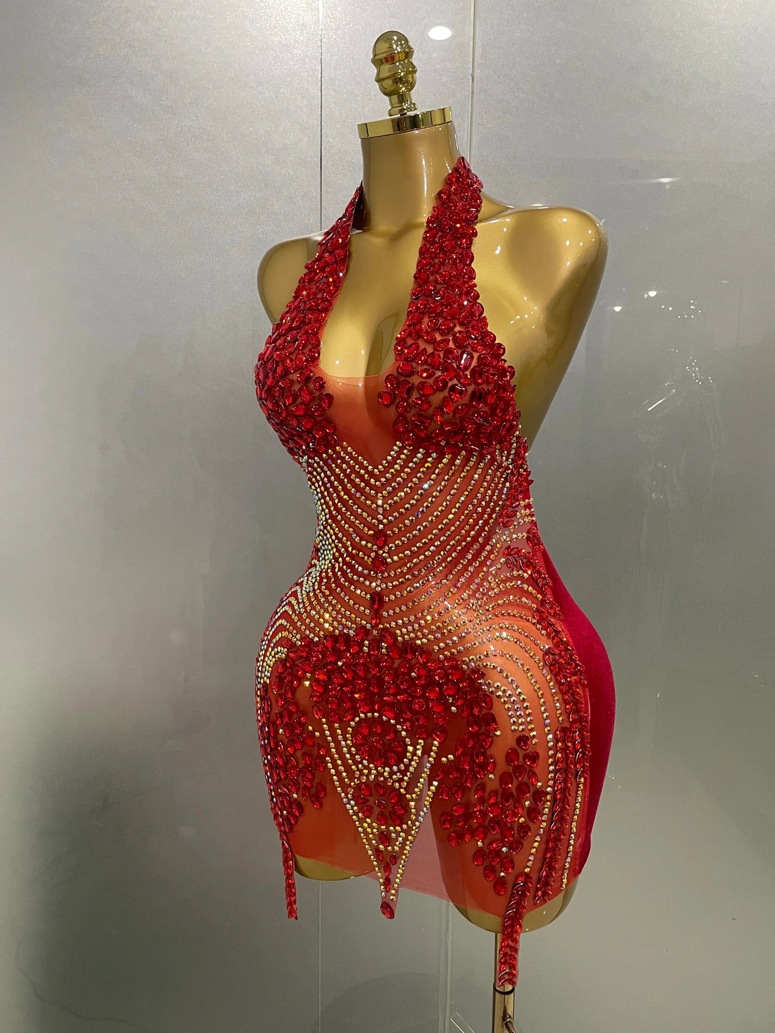 Sexy Red Sparkly Rhinestones Halter Backless Velour Short Dress Women Evening Prom Celebrate Birthday Party Stage Wear Red