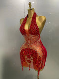 Sexy Red Sparkly Rhinestones Halter Backless Velour Short Dress Women Evening Prom Celebrate Birthday Party Stage Wear