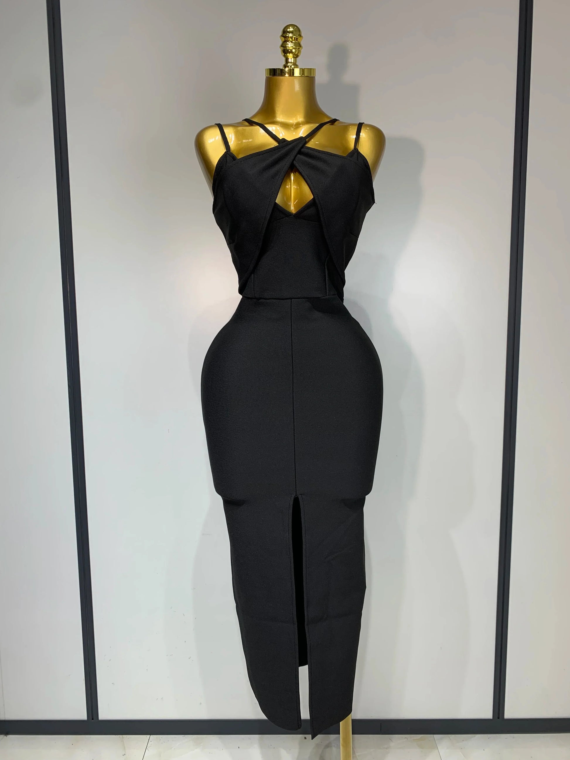 Women Sexy Sleeveless Hollow out Split Backless Red Midi Bandage Dress Celebrity Elegant Evening Luxury Birthday Dresses black