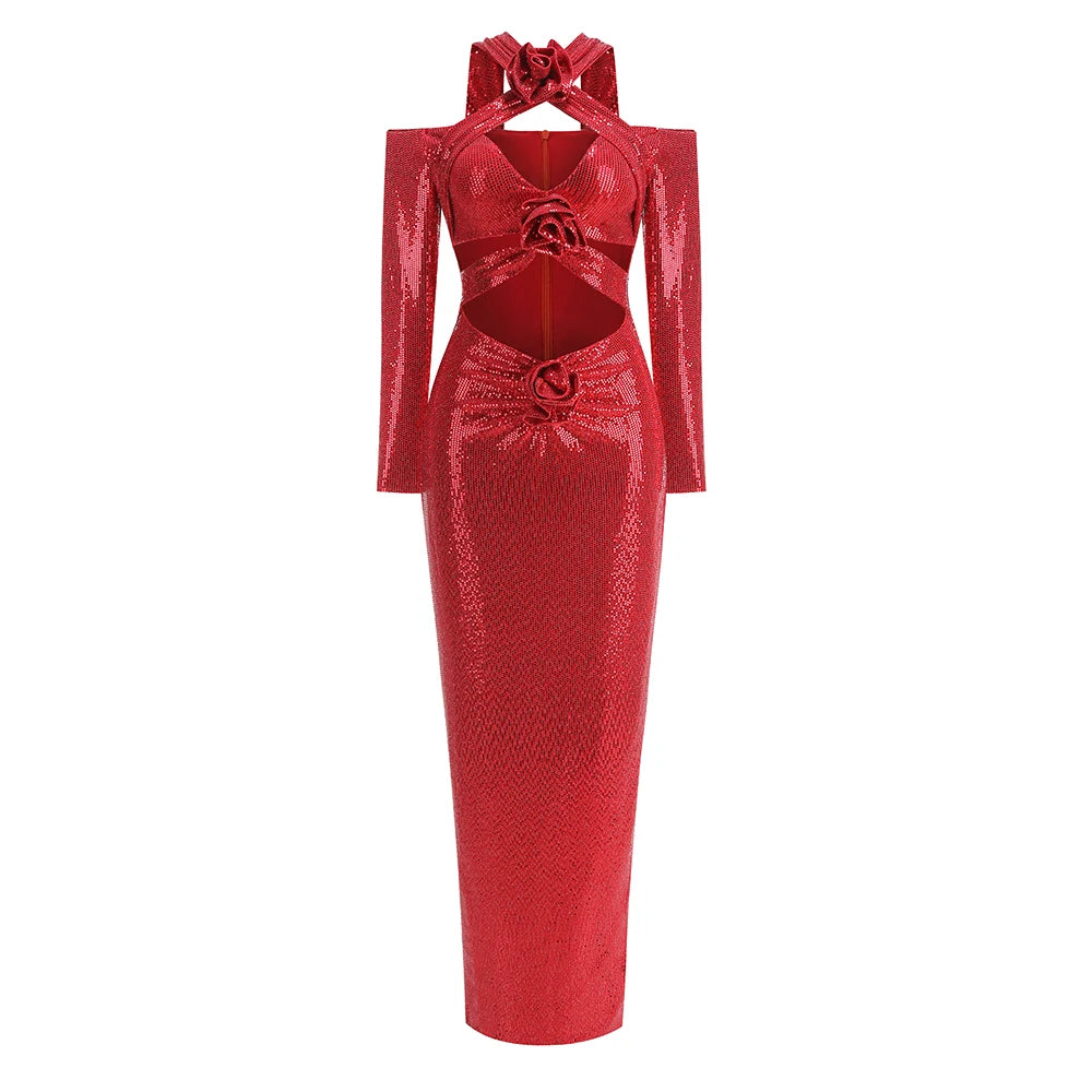 Summer New Women's Sexy V-neck Long sleeves Flower Decoration Sequins Mermaid Bodycon Celebrity Party Evening Dress Red