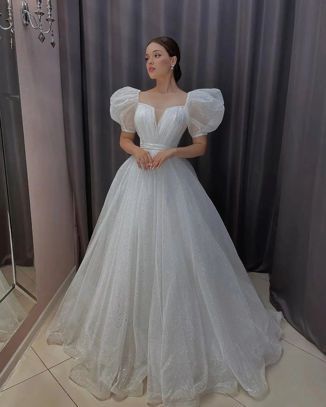 Shiny Glitter Wedding Dresses with Puff Short Sleeve Vintage Bride Dress 2022 Boho Wedding Gowns Princess Robe de Mariee Customized Color