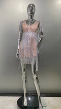 Super Shining Diamonds Tassel Sleeveless Mini Evening Dress Woman Birthday Party Outfit Performance Costume