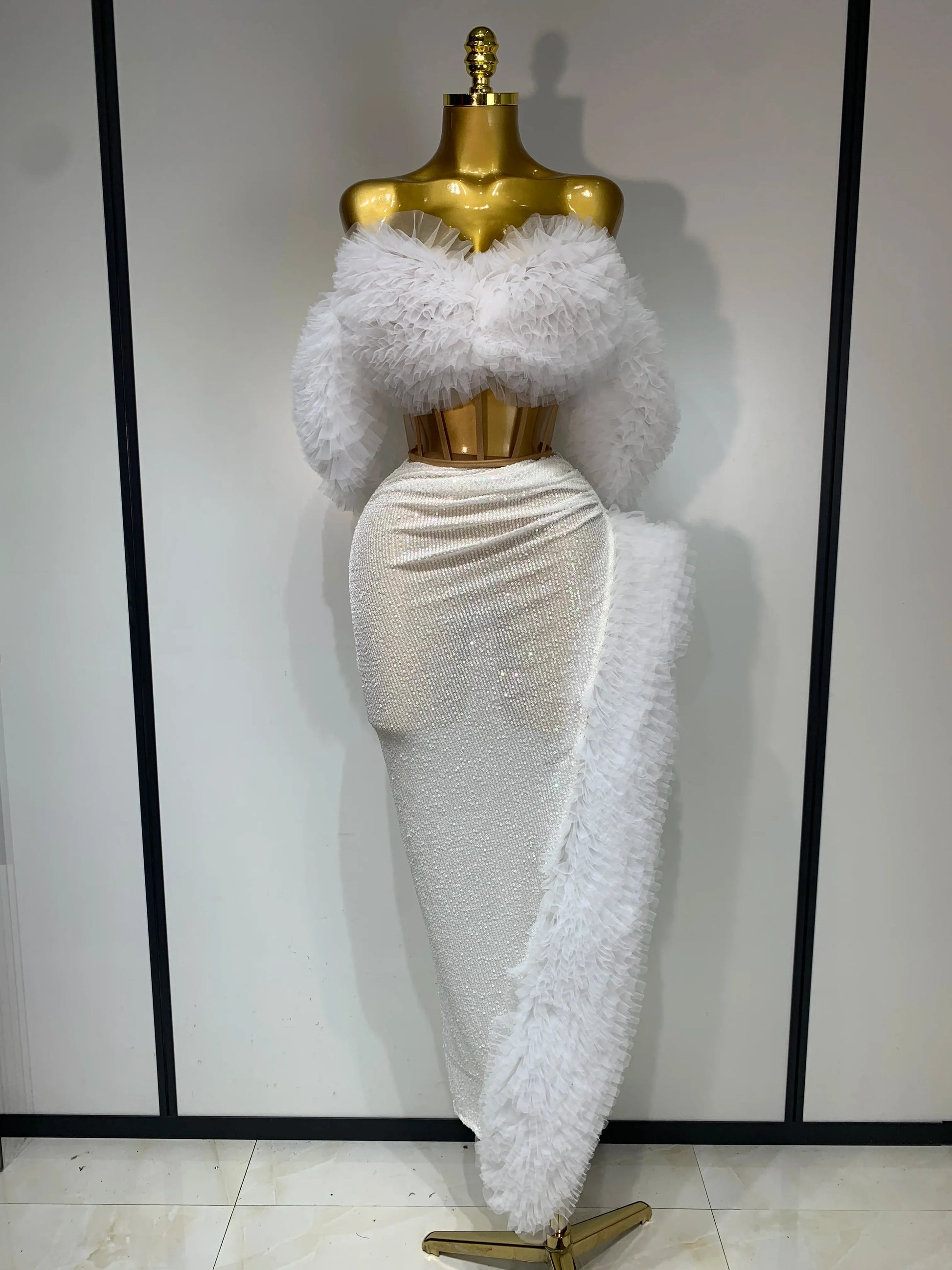 Women Sexy Sparkly Sequins Top Long Skirt Two Pieces Set Festival Celebrate Evening Party Luxury Birthday Nightclub Stage Outfit WHITE