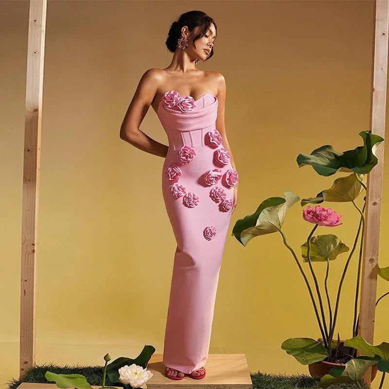 Pink Red Color Women Sexy Strapless Florals Bodycon Long Bandage Dress Evening Party Celebrate Birthday Outfit Vestido