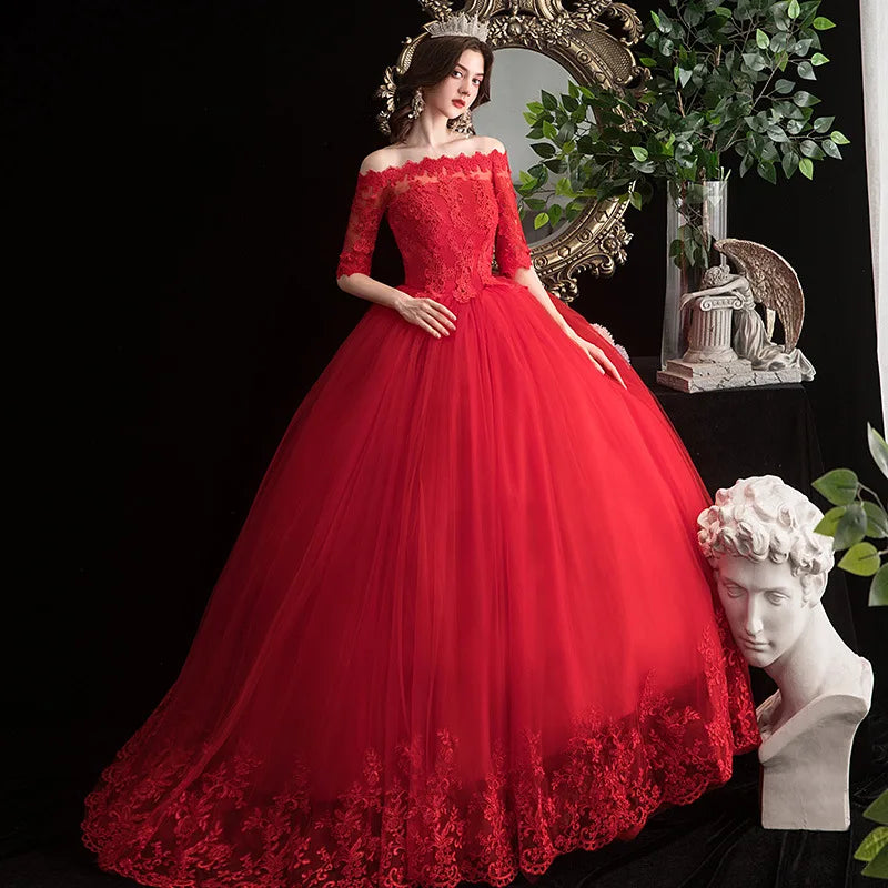 Gaun Perkahwinan Merah Elegant Boat Neck Vestido de Noiva Classic Lace Ball Gaun dari saiz plus jubah de Mariee