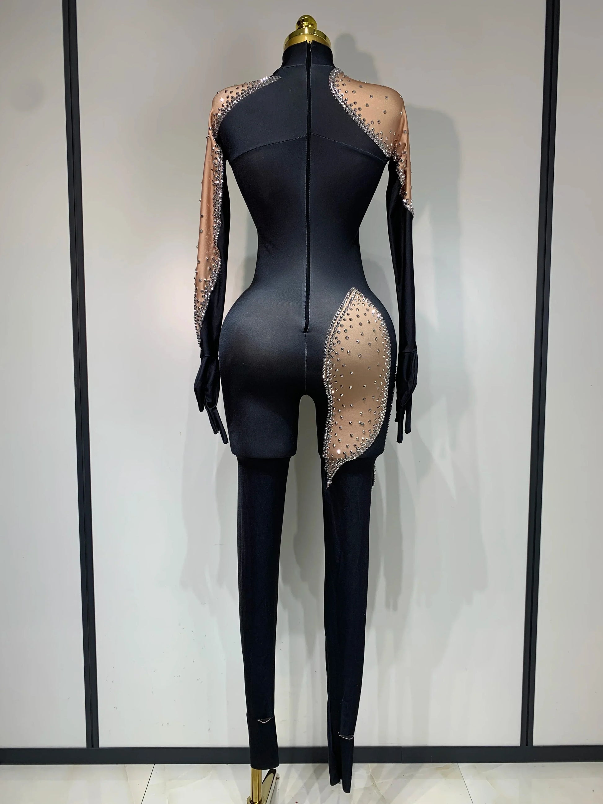 Fashion Sparkly Rhinestone Bodycon Bodysuit Female Singer Dancer Stage Perform Outfit Luxury Birthday Club Drag Queen Costume