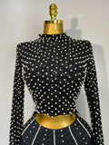 Women Long Sleeve Black Mesh Studded Dianonds Crystal Pearl Two Pieces Bandage Set Celebrity Sexy Evening Party Birthday Gown