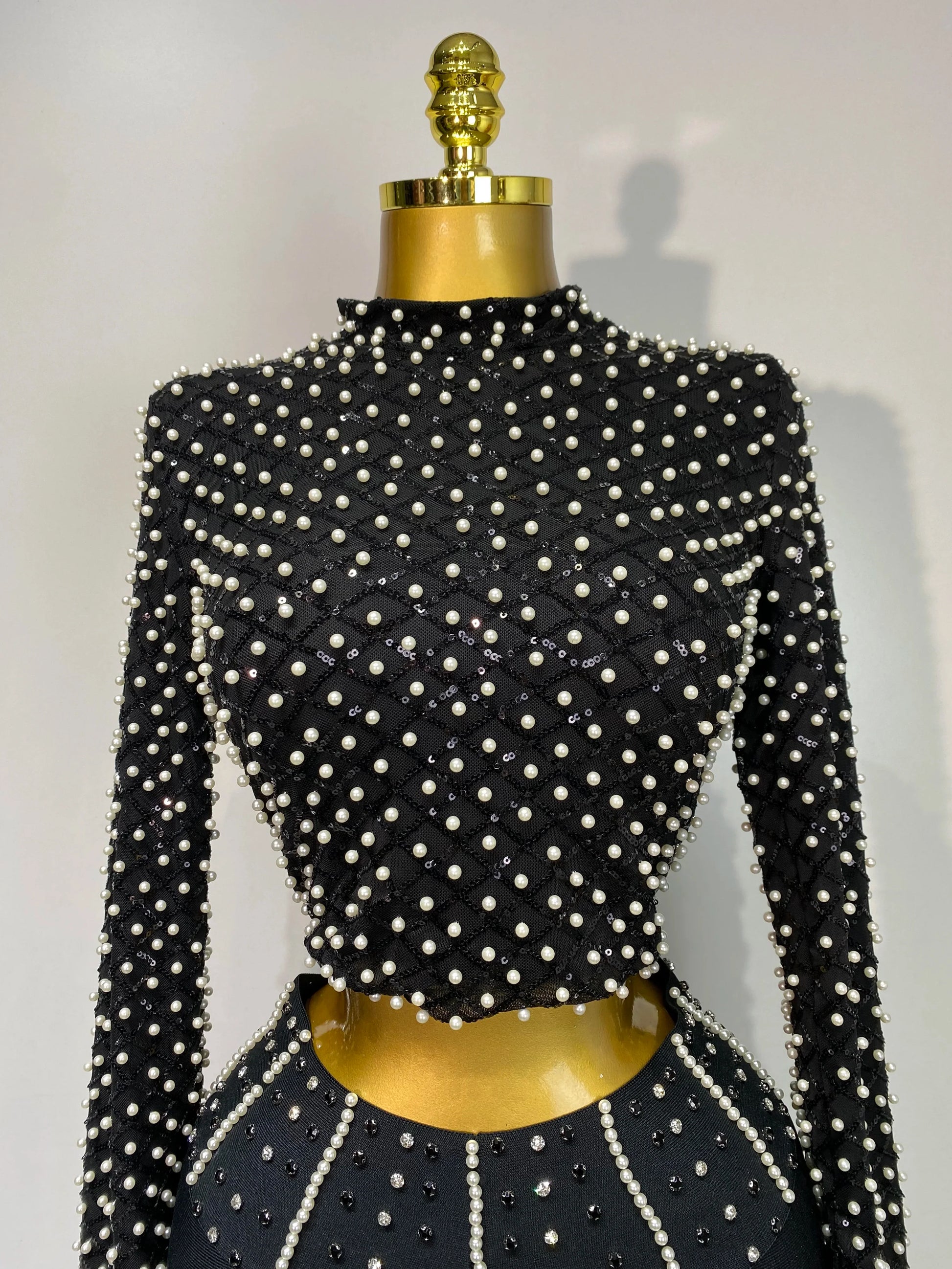 Women Long Sleeve Black Mesh Studded Dianonds Crystal Pearl Two Pieces Bandage Set Celebrity Sexy Evening Party Birthday Gown