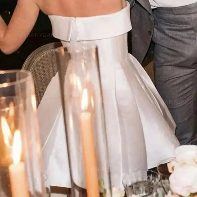 Elegant Satin Wedding Dresses Strapless Boat Neck Brides Gown Mini Party Dresses Robes De Mariée 14w