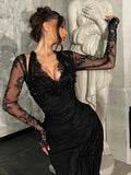 Elegant Black Lace V-Neck Mermaid Dress Gown with Sheer Sleeves for a Formal Dinner