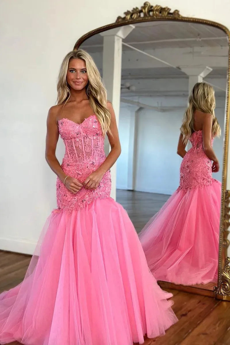 Mermaid Prom Dresses Lace Applique Tulle Beaded Rhinestone Sweetheart Illusion Long Sweep Train Formal Party Evening Gowns Pink