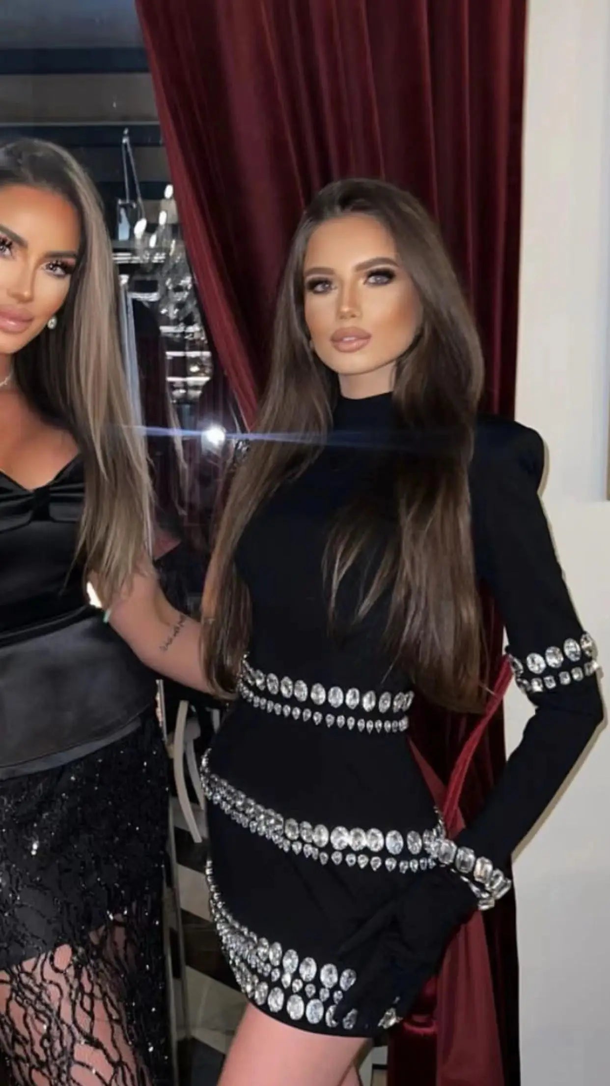 Winter Sparkling Diamonds Half High Collar Black Mini Bandage Dress Fashion Woman Evening Party Outfit