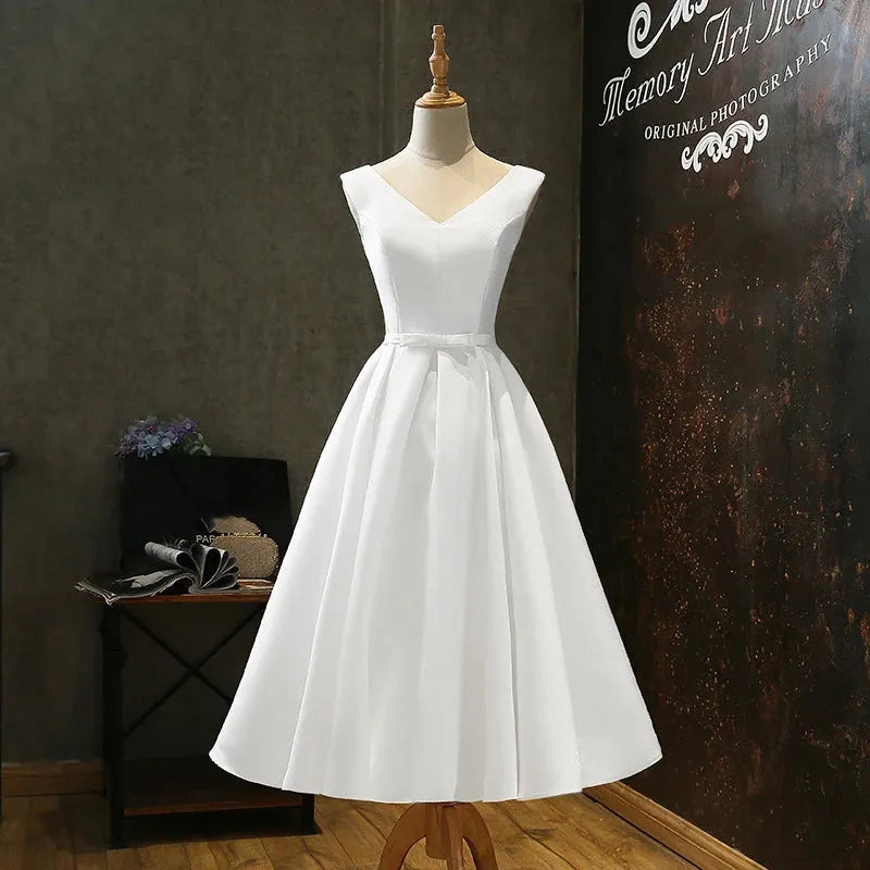 Sexy V Neck White Satin Midi Bride Dress Summer Elegant Prom Evening Wedding Bridesmaid Guest Long Party Dresses for Women White