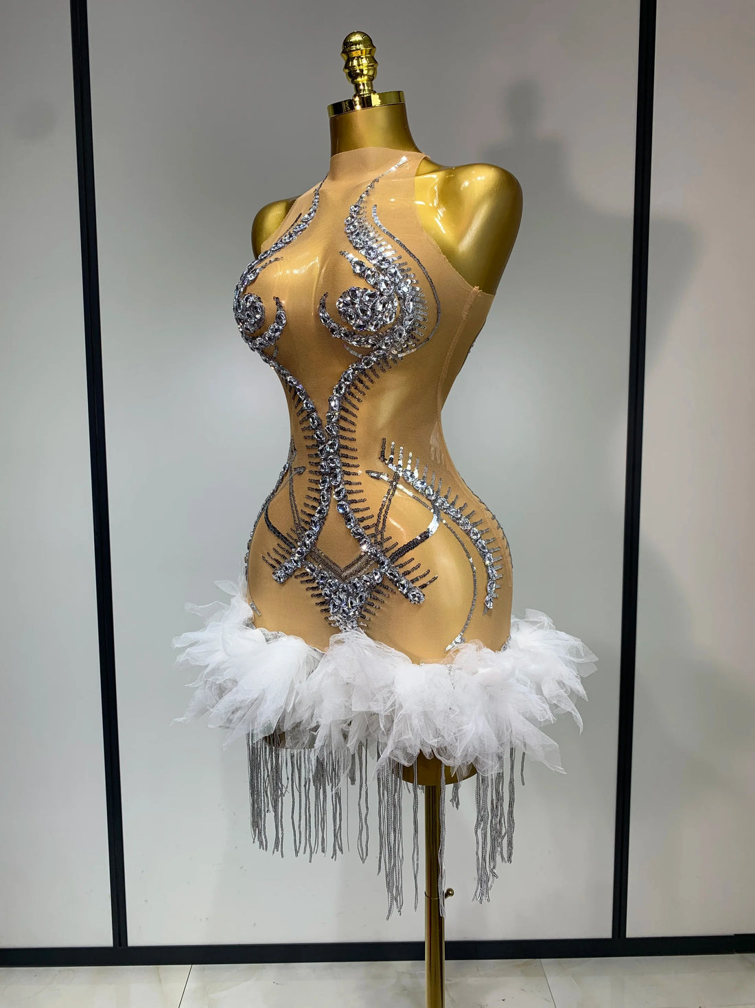 Luxury Party Cocktail Short Dress Women Mesh Sexy See Through Rhinestones Tassel Dress Nightclub Perform Singer Stage Costume Beige