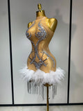 Luxury Party Cocktail Short Dress Women Mesh Sexy See Through Rhinestones Tassel Dress Nightclub Perform Singer Stage Costume