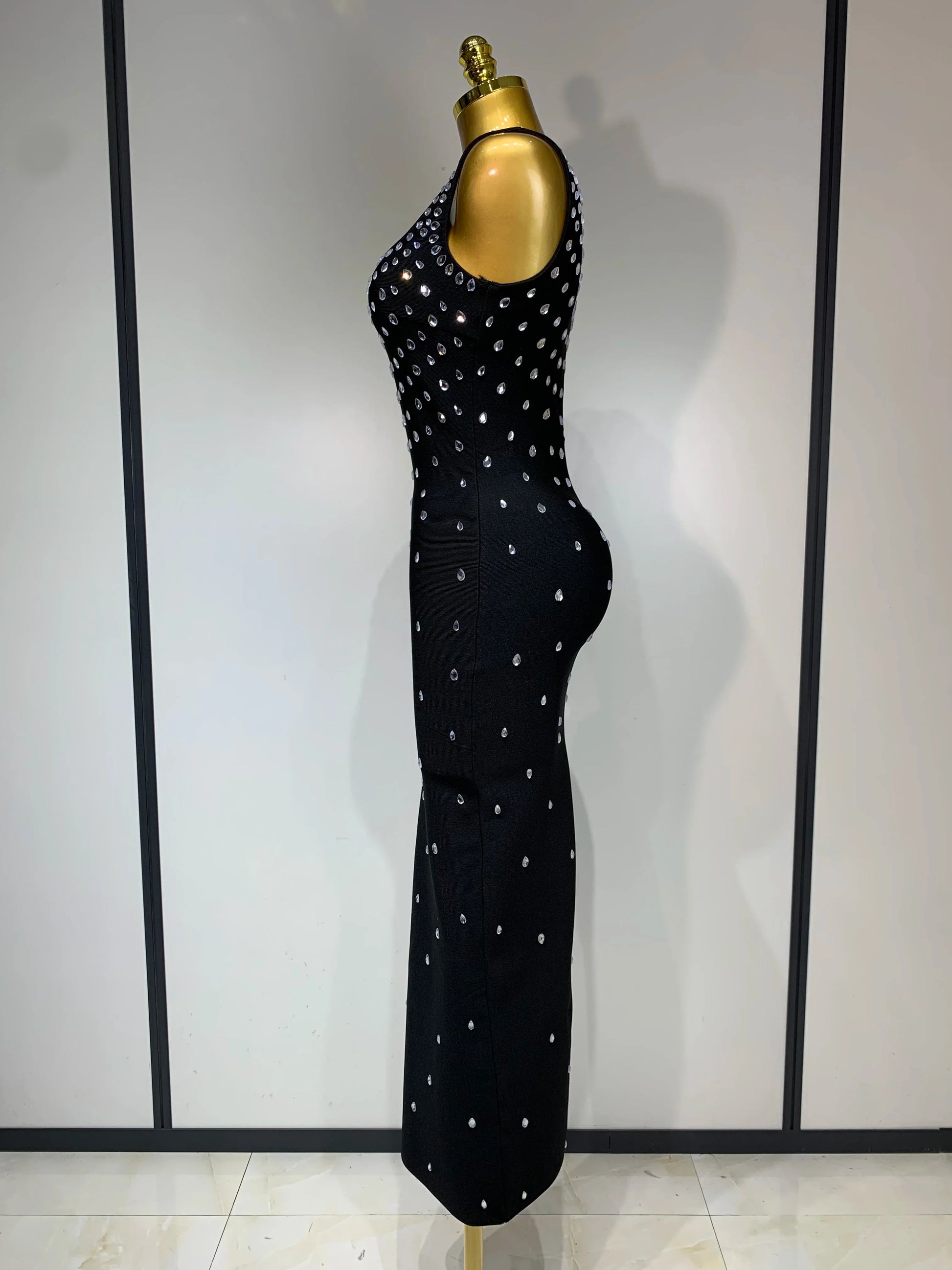 Luxury Rhinestone Bandage Long Dress Elastic Sleeveless Bodycon High Street Evening Club Party Elegant Birthday Prom Gowns
