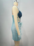 Luxury Feather Dazzling Diamonds Sexy Mesh See Through Light Blue Mini Dress Celebrity Birthday Party Dress Performance Costume