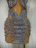 Luxury Rhinestones Mesh Transparent Prom Mini Dress Shinny Women Birthday Celebrate Party Prom Nightclub Outfit Stage Costume