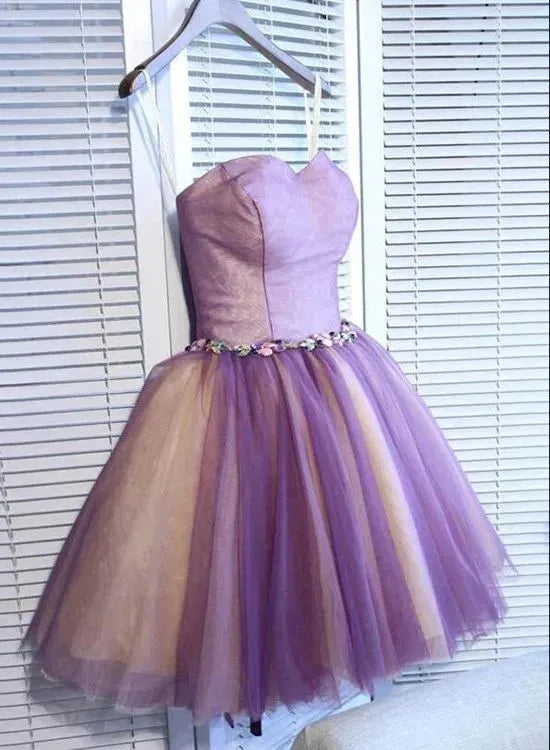 Short Prom Dresses Ball Gown Purple Champagne Contrast Color Sweetheart Tulle Formal Party Evening Gowns Women Custom made