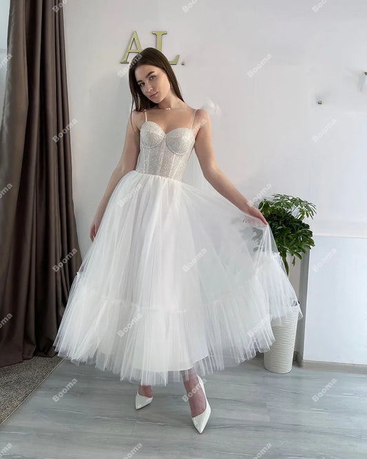 Shiny Short Wedding Party Dresses Sweetheart Spaghetti Strap Ruched Tulle Bridals Gowns Bride Evening Dress for Women