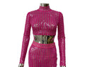 Sparkling square Diamonds Sexy Mesh See Through Top And Skirt Woman Fashion Set High Street Wear Evening Party Outfit Rose Red Top