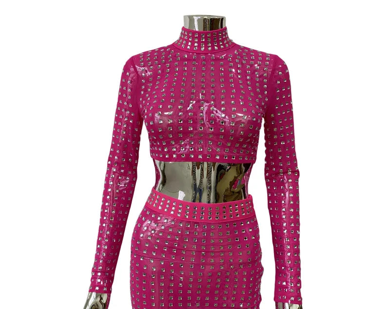 Sparkling square Diamonds Sexy Mesh See Through Top And Skirt Woman Fashion Set High Street Wear Evening Party Outfit Rose Red Top