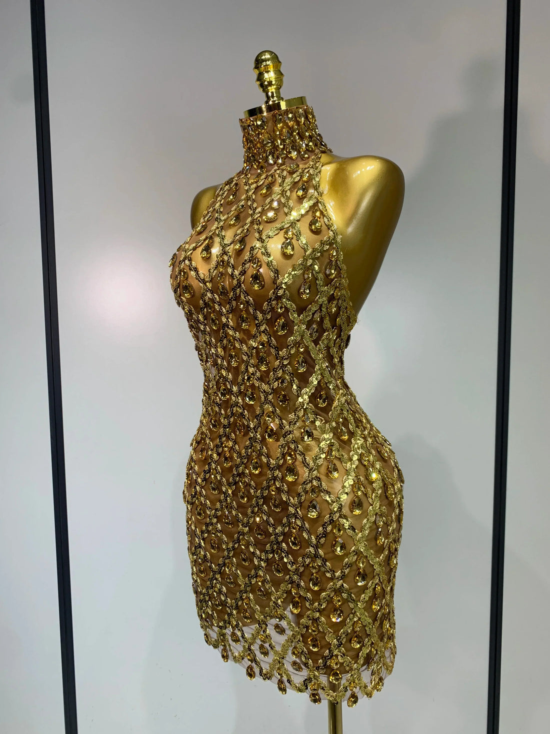 Women Sexy Stage Shining Rhinestone Sequins Dress Evening Prom Luxury Birthday Dress Transparent Performance Singer Club Dress Gold