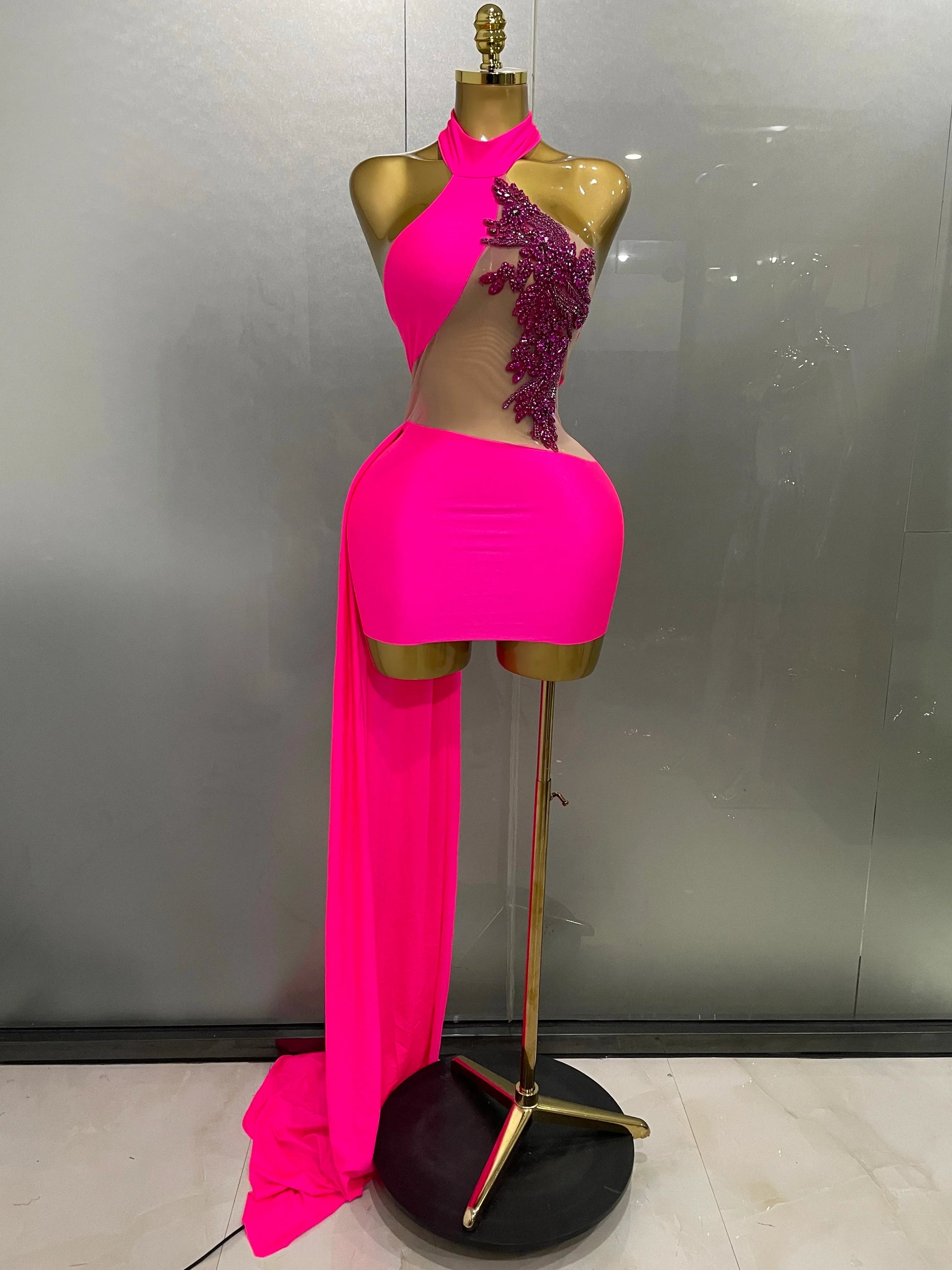 Sexy Sparkly Beaded Mesh See-Through Backless Cocktail Short Dress Women Evening Prom Celebrate Birthday Party Stage Costume Rose Red