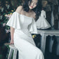 Perancis White Trailing Pengantin Perkahwinan Gaun Pakaian Elegant Sexy Off Ruffles Lengan Panjang Parti Mermaid Pesta Lama Pesta Vestido