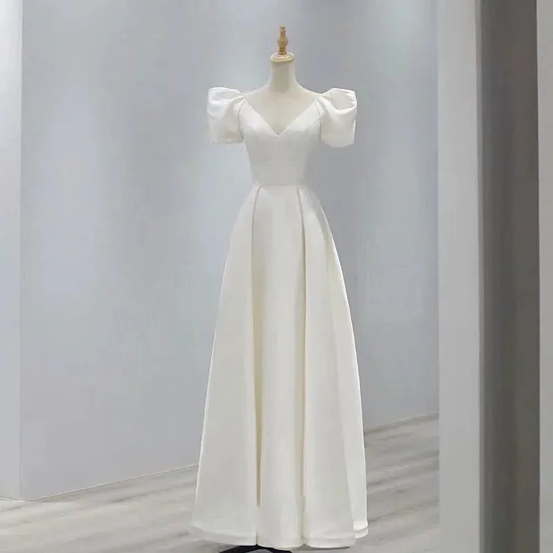 White Satin Wedding Dresses for Bride Elegant Sexy V Neck Long Prom Evening Guest Party Women Dress Summer Formal vestidos White
