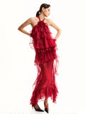 Women Gauze Perspective Irregular Elegant Long Party Dress Ruffles Sleeveless Fashion Tide Summer