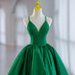 Green Prom Dresses Ball Gown Satin Spaghetti Strap V Neck Sleeveless Formal Party Graduation Special Occasion Evening Gowns