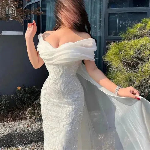 Luxury White Beaded Mermaid Wedding Dress Elegant Heart Shaped Neck Custom Dresses Detachable Train Tulle vestido feminino as pic