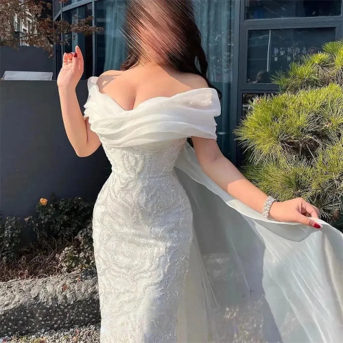 Vestido de novia de sirena con cuentas blancas de lujo, vestidos elegantes con cuello en forma de corazón, vestidos personalizados, tren desmontable, vestido de tul femenino