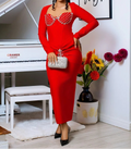 Radiant Red Long Sleeved Midi Dress with Crystal Embellishments for a Gala Event Evening Gown