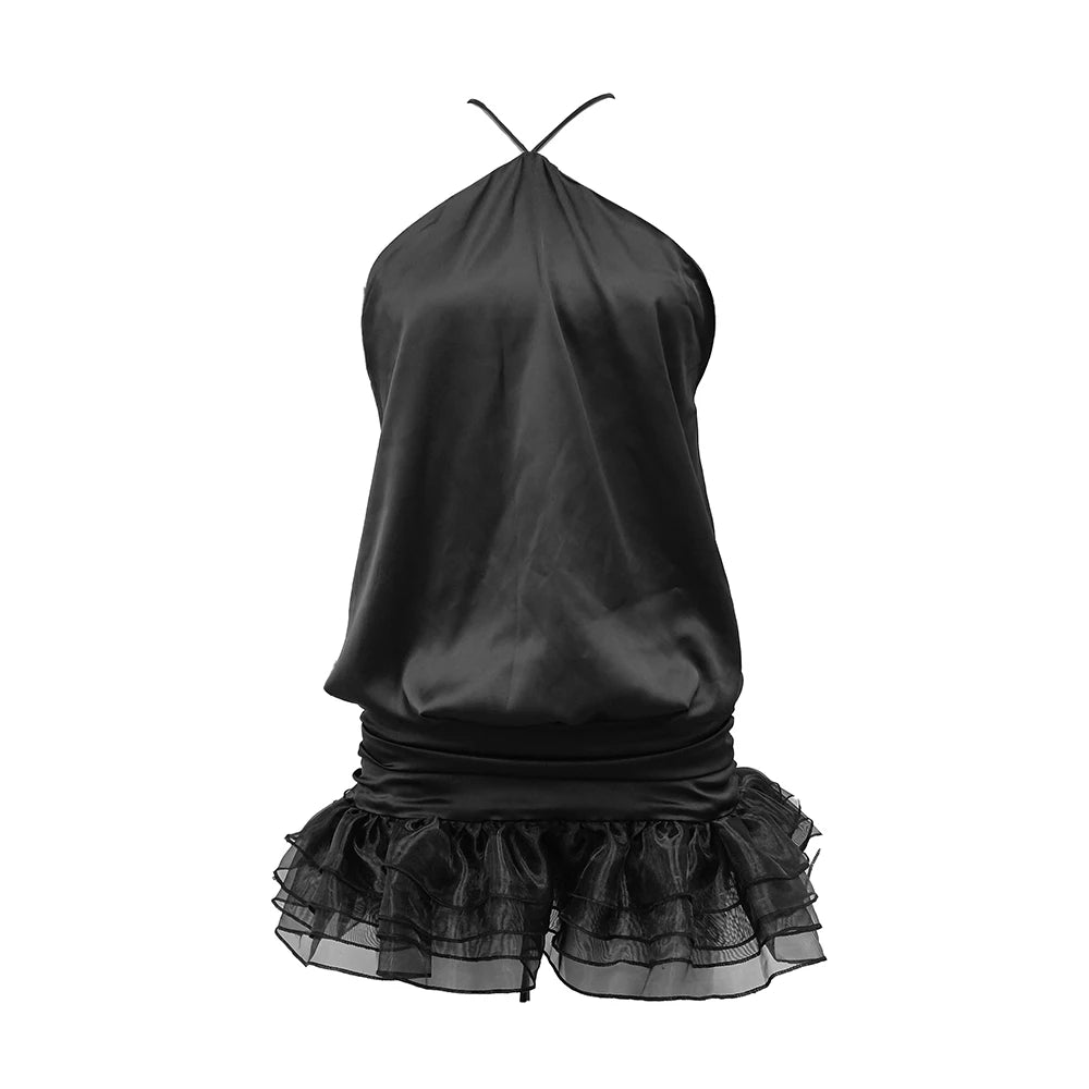 Edgy Black Halter Sleeveless Mini Dress Gown with Open Back for Trendy Parties black