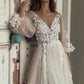 LAYOUT NICEB Boho Wedding Dresses Long Puff Sleeves Bridal Party Gowns Lace Flowers Tulle Sweep Train vestidos de novia playa