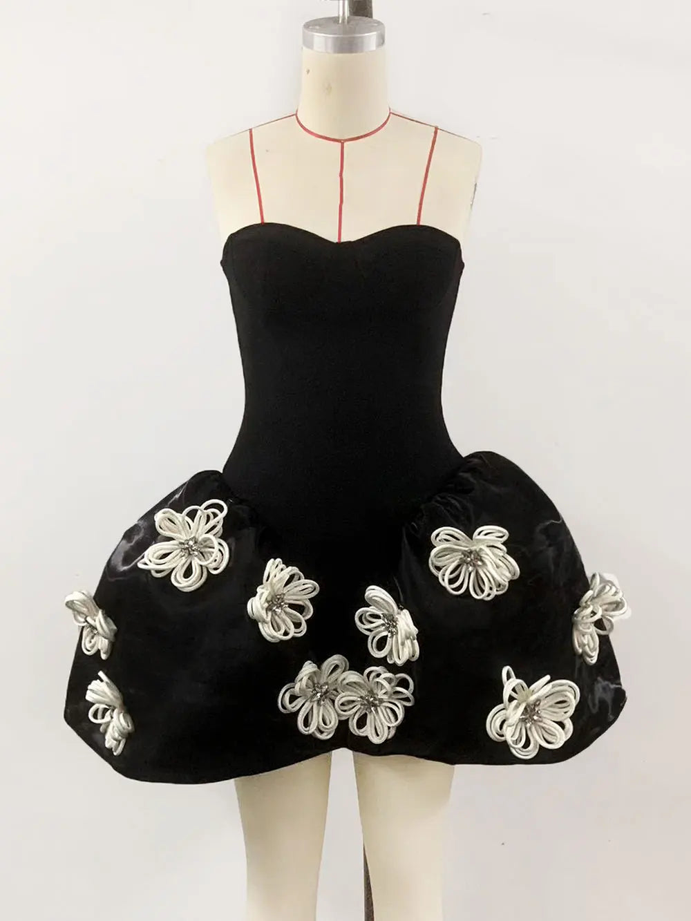 Sexy Women's 3D Flower Decorative Puff Dress Strapless Sleeveless Backless A-line Mini Dress Cocktail Evening Party Vestido black