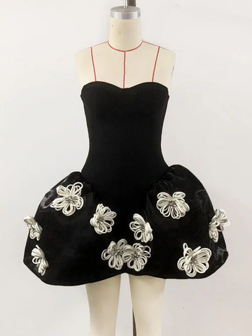 Sexy Women's 3D Flower Decorative Puff Dress Strapless Sleeveless Backless A-line Mini Dress Cocktail Evening Party Vestido black