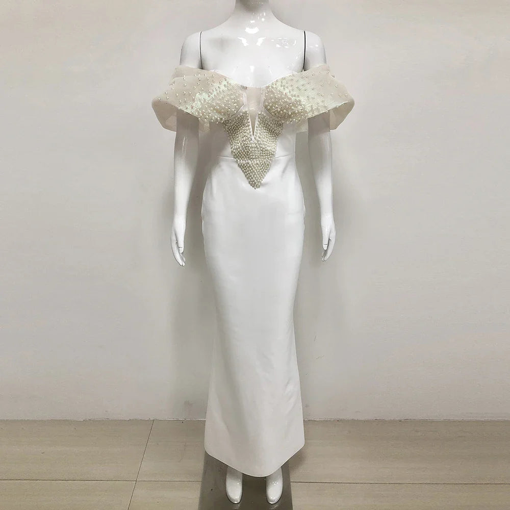 Women Sexy Pearl Beading Tight Maxi Bandage Dress Off The Shoulder Patchwork Bodycon Clothes Club Evening Party Elegant Gown APRICOT