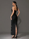 Sexy Women'S Light Luxury Rhinestone Bandage Dress Strapless Sleeveless Bodycon Backless Long Dress Christmas Party Vestido