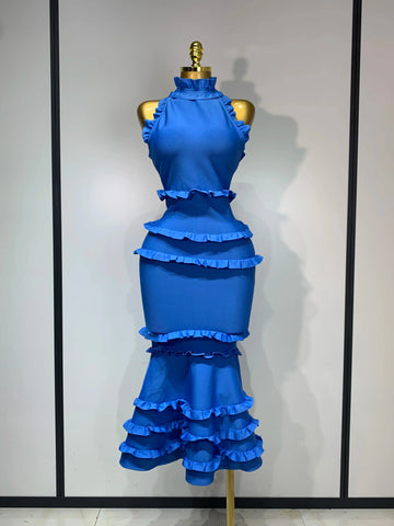 Women Sexy Backless Ruffles Bodycon Bandage Mermaid Dress Celebrate Evening Party Luxury Birthday Wedding Guest Dress Blue
