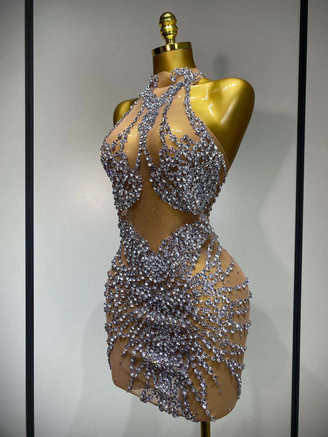 Luxury Rhinestones Mesh Transparent Prom Mini Dress Shinny Women Birthday Celebrate Party Prom Nightclub Outfit Stage Costume Silver