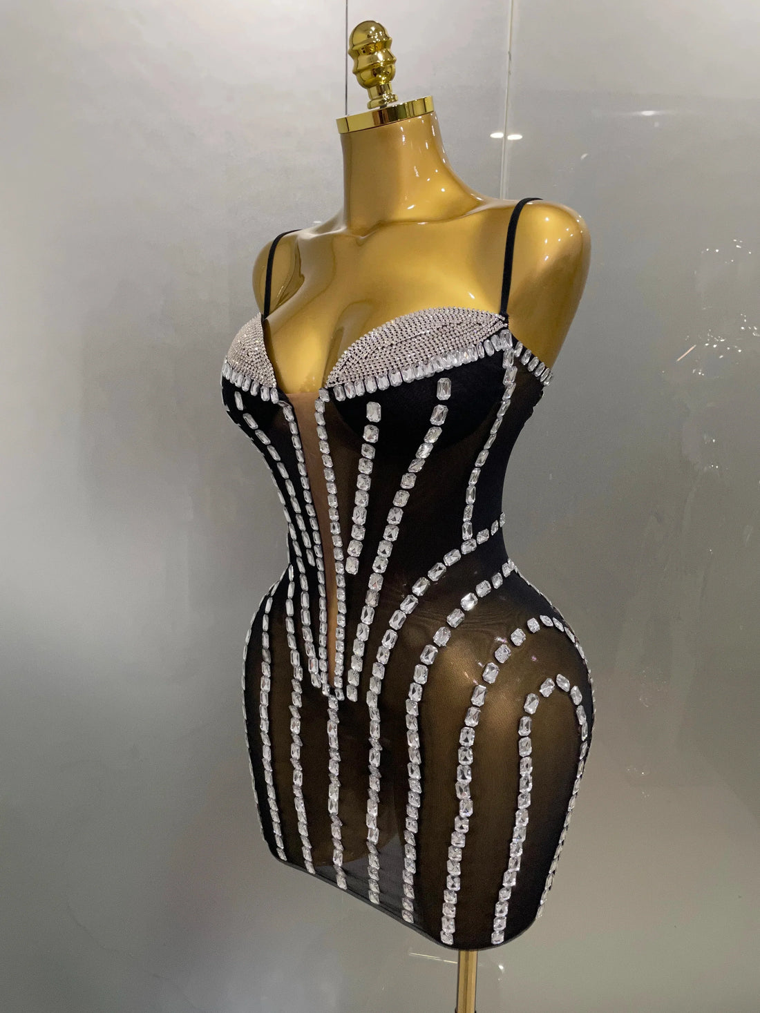 Sexy Sparkly Rhinestones Mesh See Through Short Slip Dress Women Evening Birthday Party Prom Nightclub PhotoShoot Stage Wear