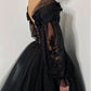 Black Evening Dresses Goethe Lace Applique Tulle Off Shoulder Puffy Full Sleeves A Line Long Chapel Train Party Prom Gowns